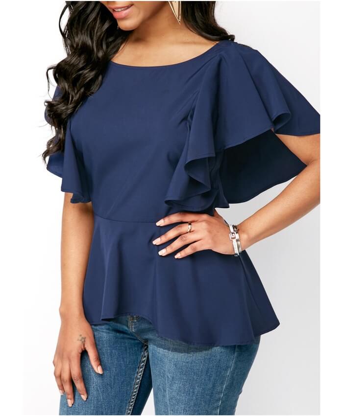 V Back Navy Blue Butterfly Sleeve Blouse
